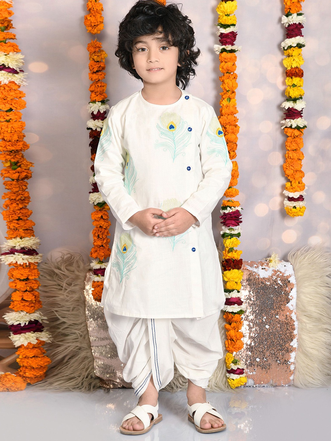 

MUDKID Boys Embroidery Kurta & Dhoti Pant Set, Cream