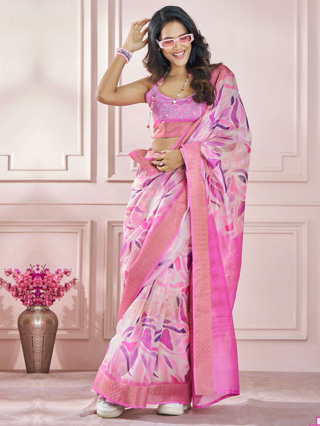 

Anouk Abstract Printed Saree With Zari Border, Pink