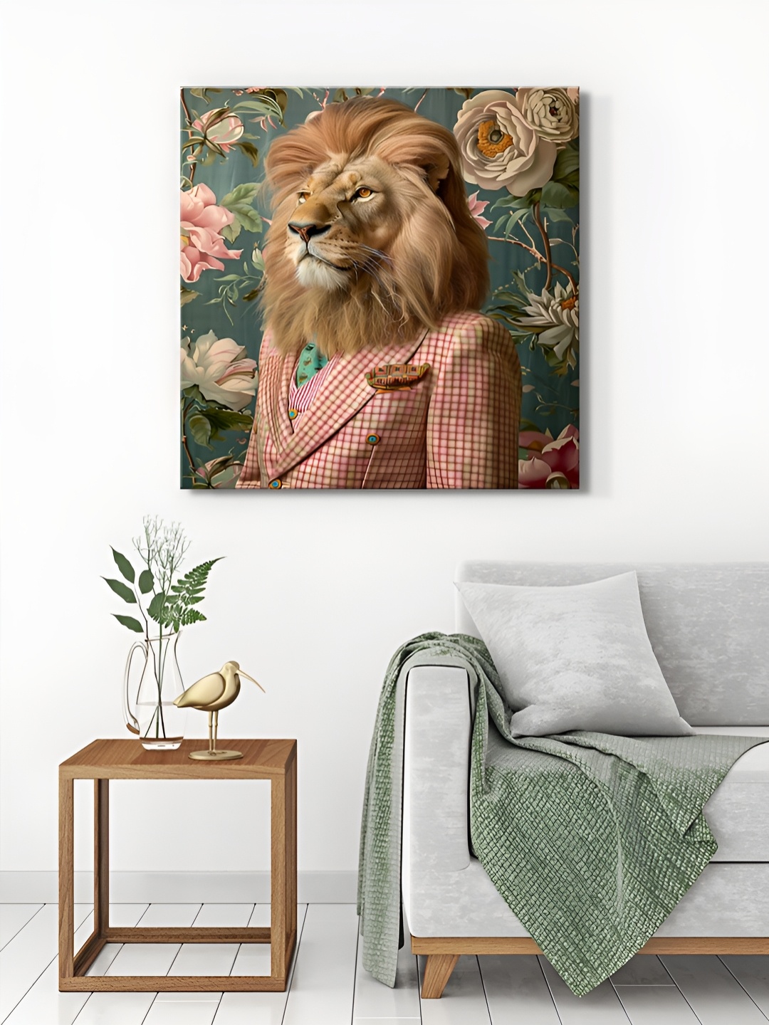 

999Store Grey & Pink Checkered Suit Lion Canvas Wall Paintings