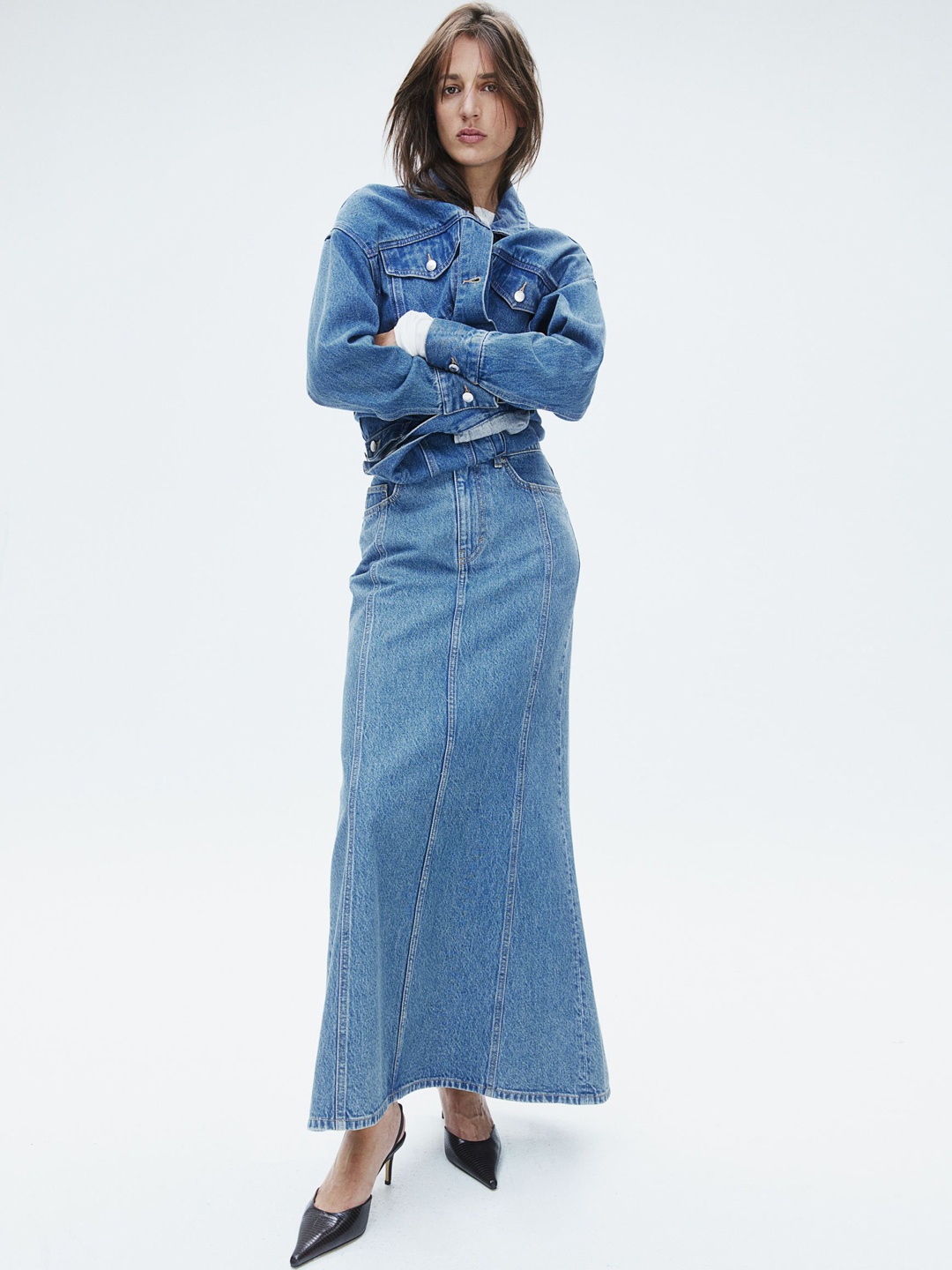 

H&M Women Pure Cotton Flared Denim Skirts, Blue
