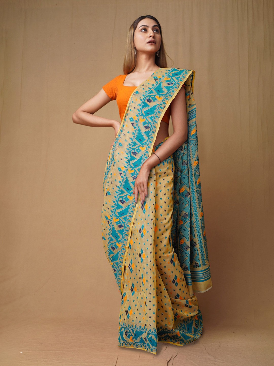 

Unnati Silks Woven Design Pure Cotton Handloom Jamdani Saree, Cream