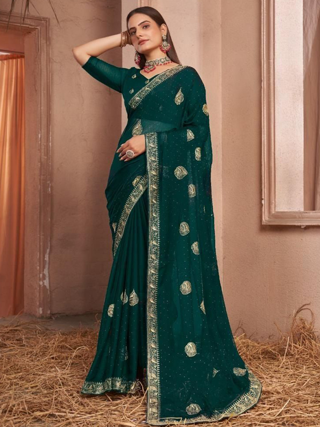 

Kalista Ethnic Motifs Embellished Embroidered Pure Georgette Saree, Green