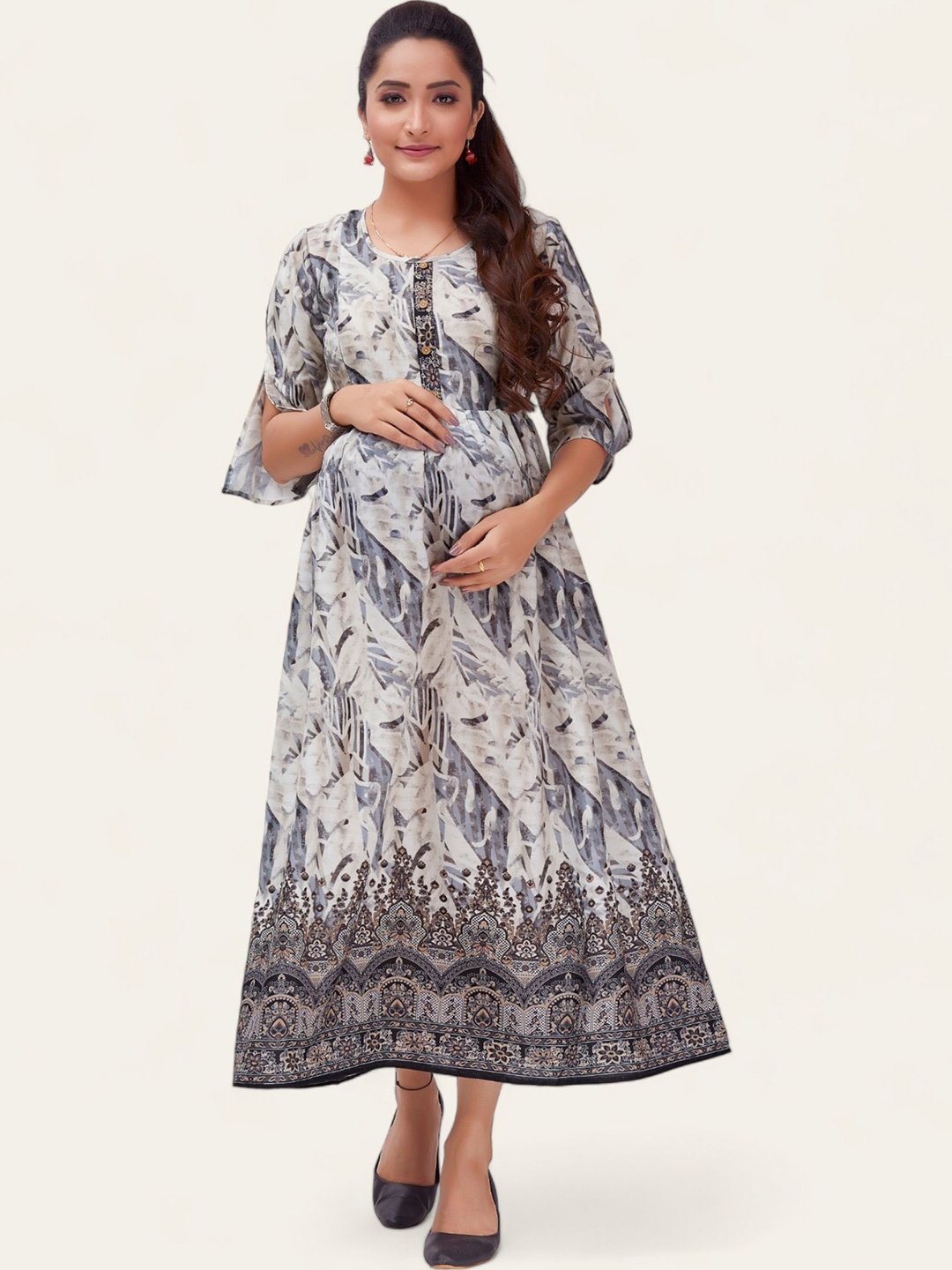 

RITIJYA Floral Print Maternity Fit & Flare Maxi Dress, Grey