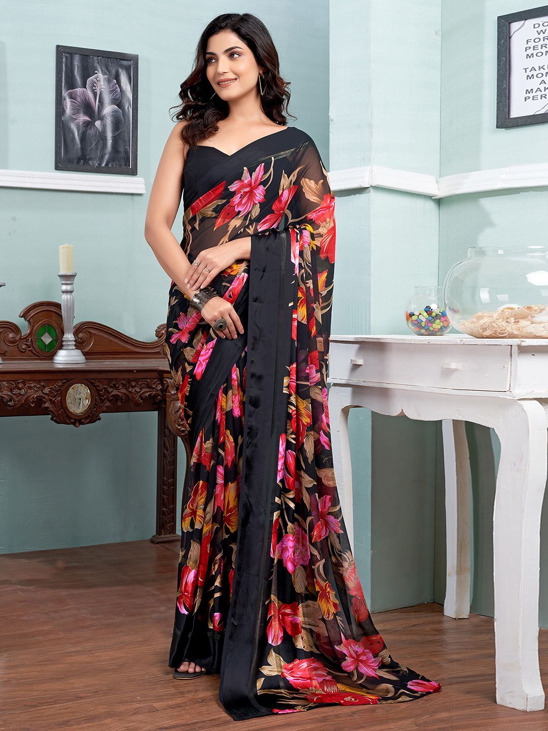 

KALINI Women Floral Pure Georgette Muga Saree, Black