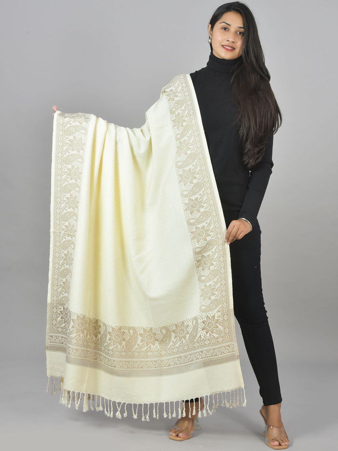 

BAISA Floral Woven Design Woollen Shawl, Off white