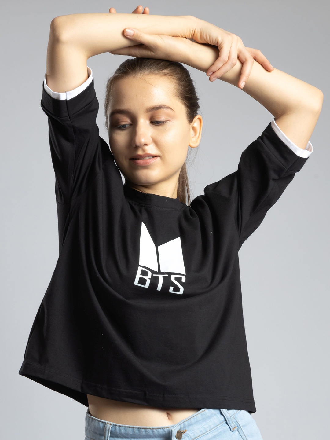 

Redamancii Women Graphic Printed Round Neck Polycotton Top, Black