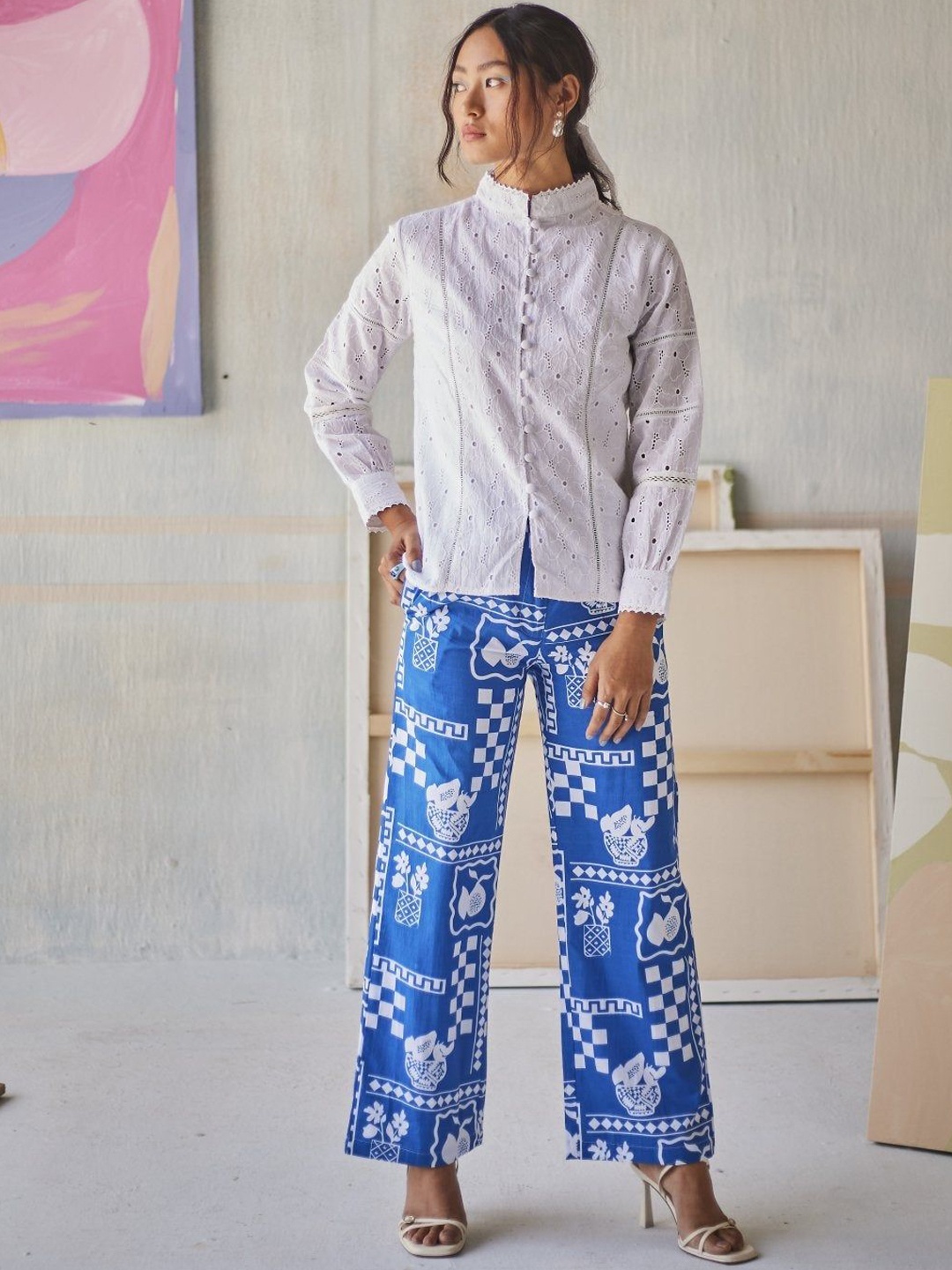 

Sage by Mala Schiffli Self Design Mandarin Collar Pure Cotton Top with Trousers, White