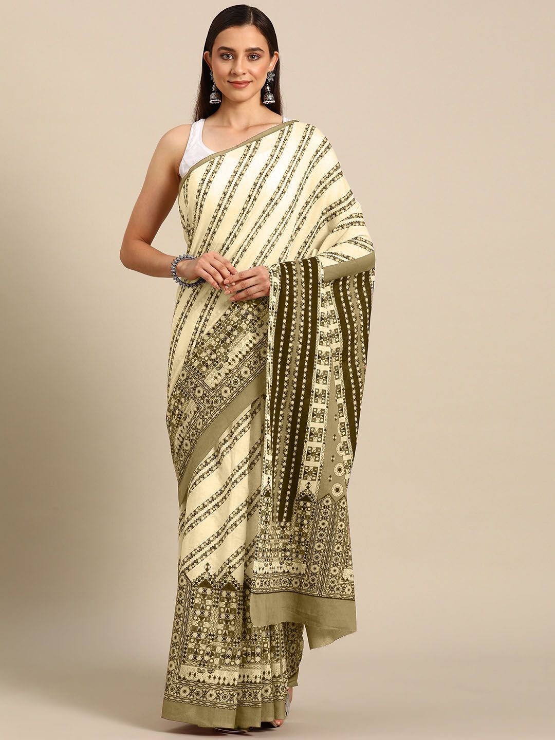 

BUTA BUTI Geometric Printed Pure Cotton Saree, Off white