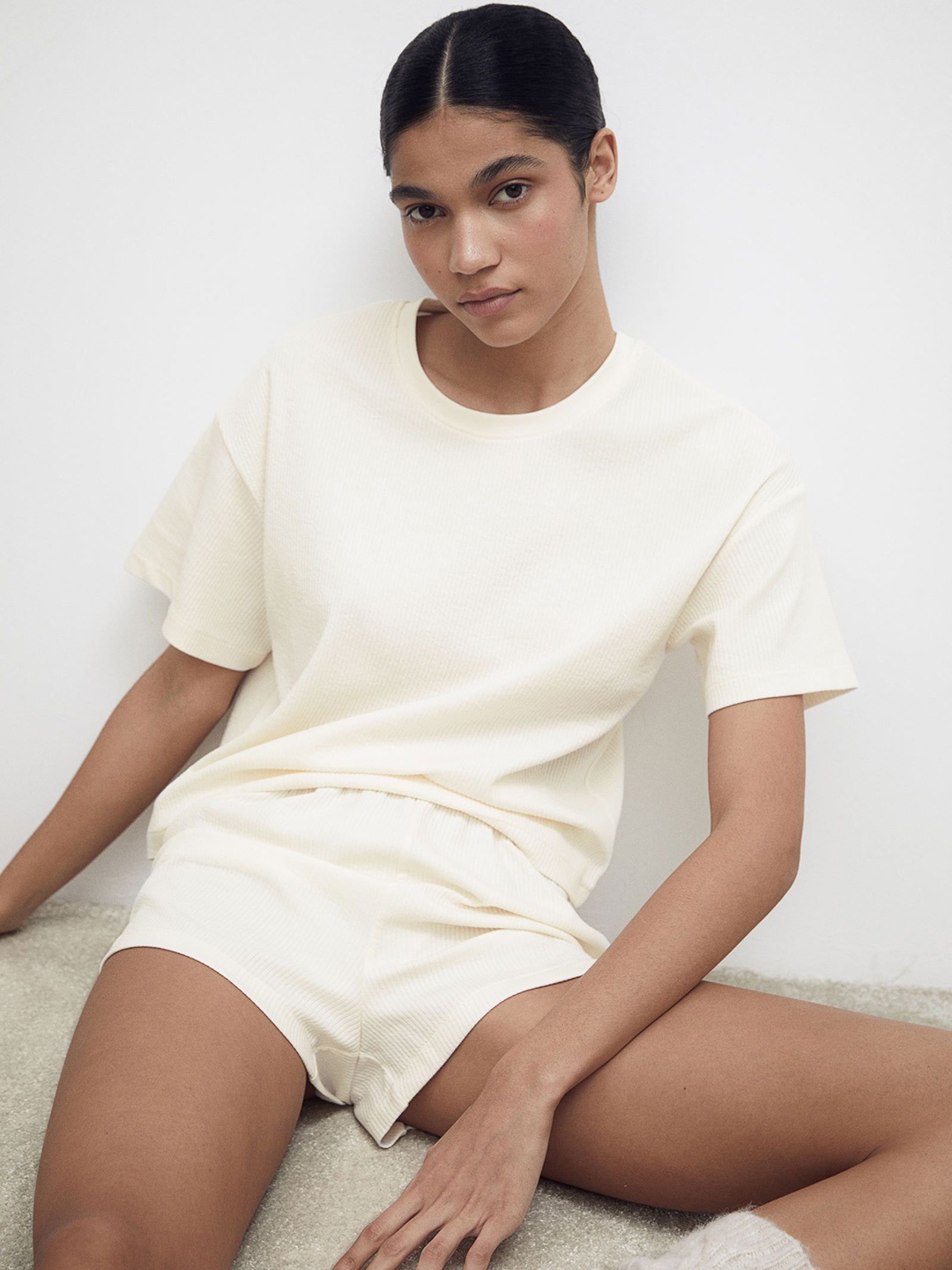 

H&M Women Ribbed Night Suit, White