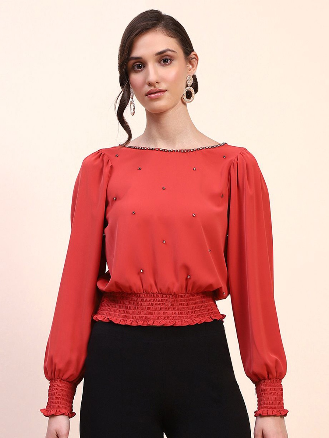 

CAMLA Women Embellished Boat Neck Top, Red