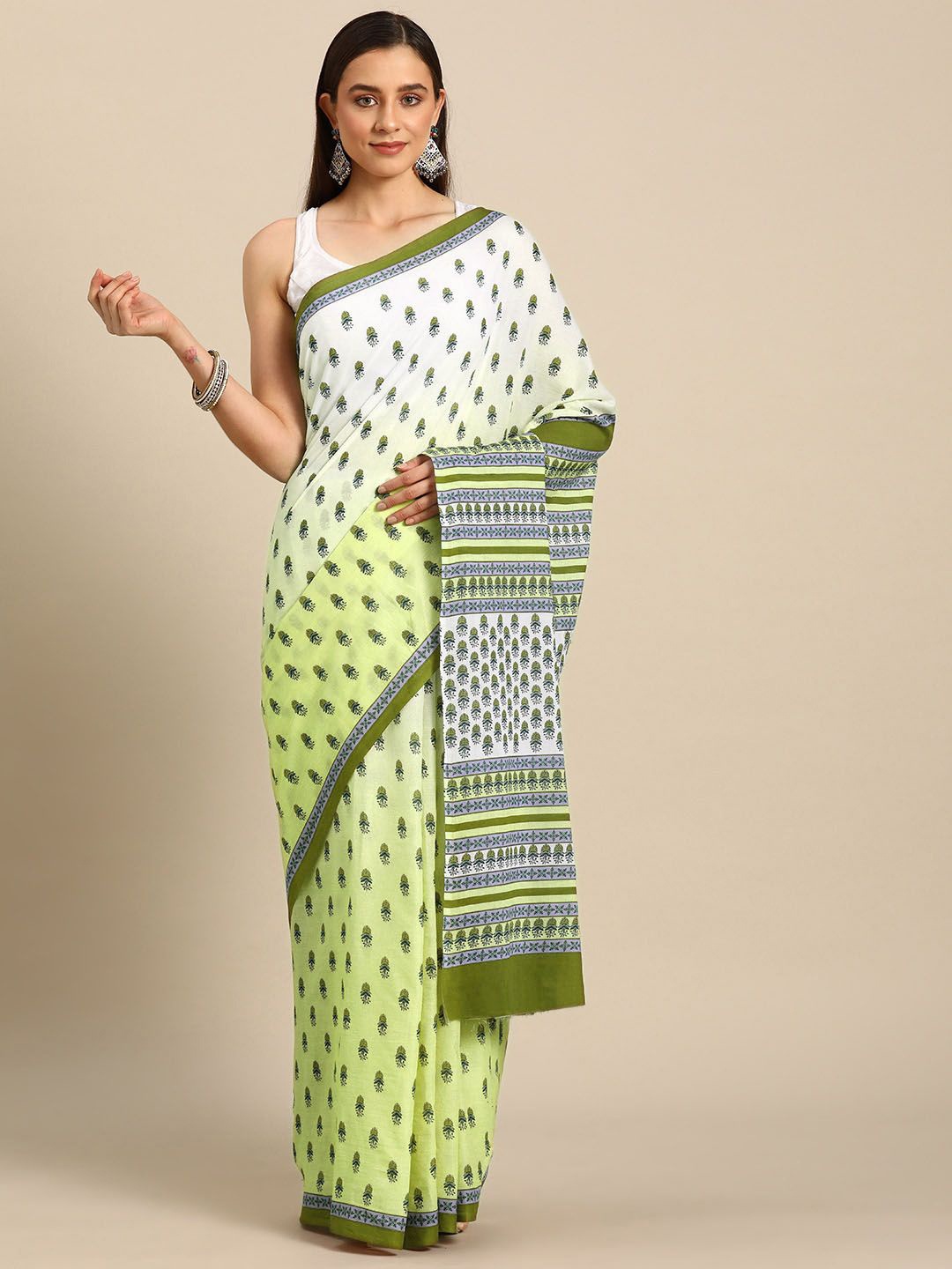 

BUTA BUTI Women Pure Cotton Printed Saree, Lime green