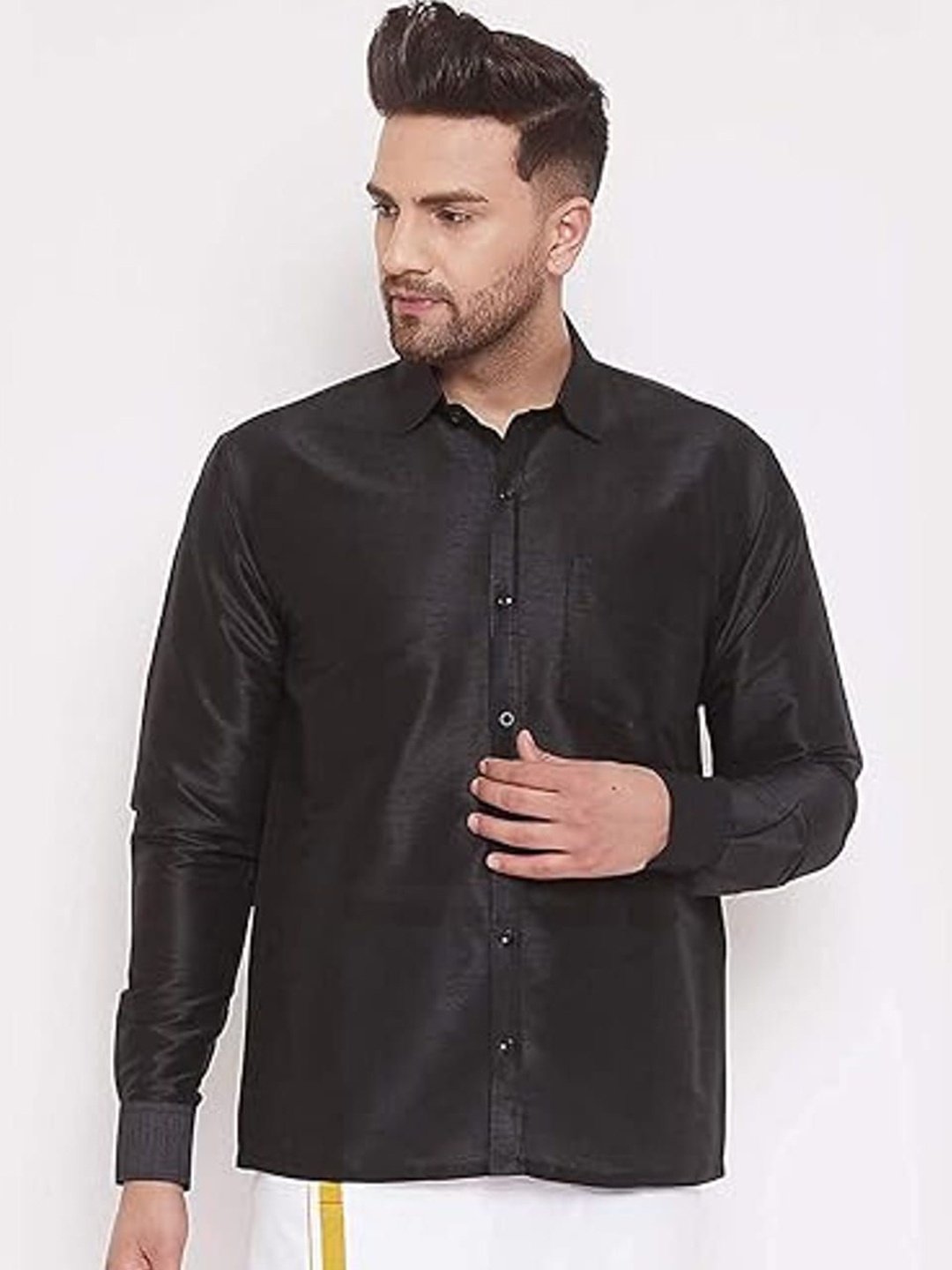 

BANHUSSAIN Men Spread Collar Party Shirt, Black