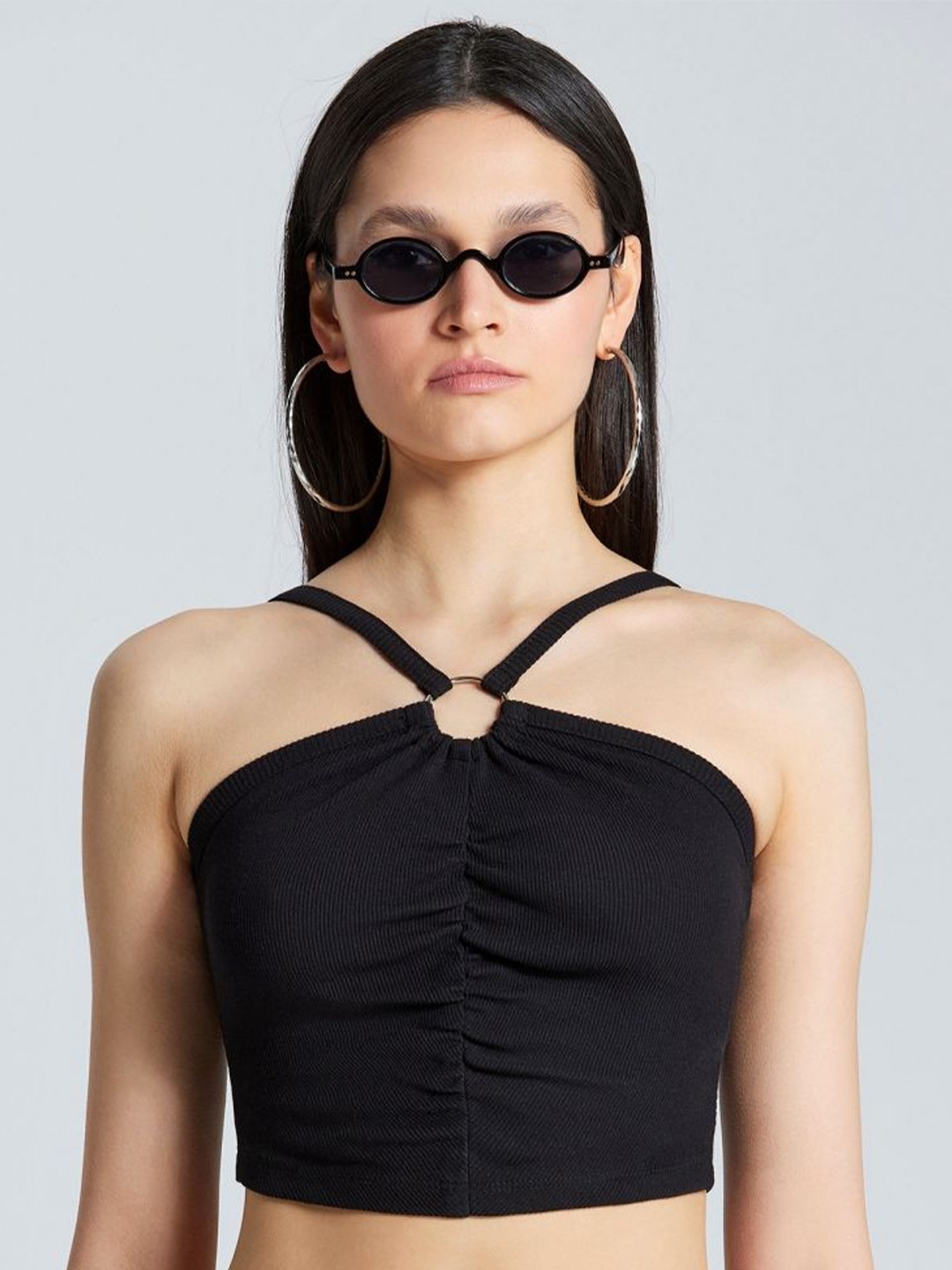 

ZOMODA Women Solid Shoulder Straps Cotton Top, Black