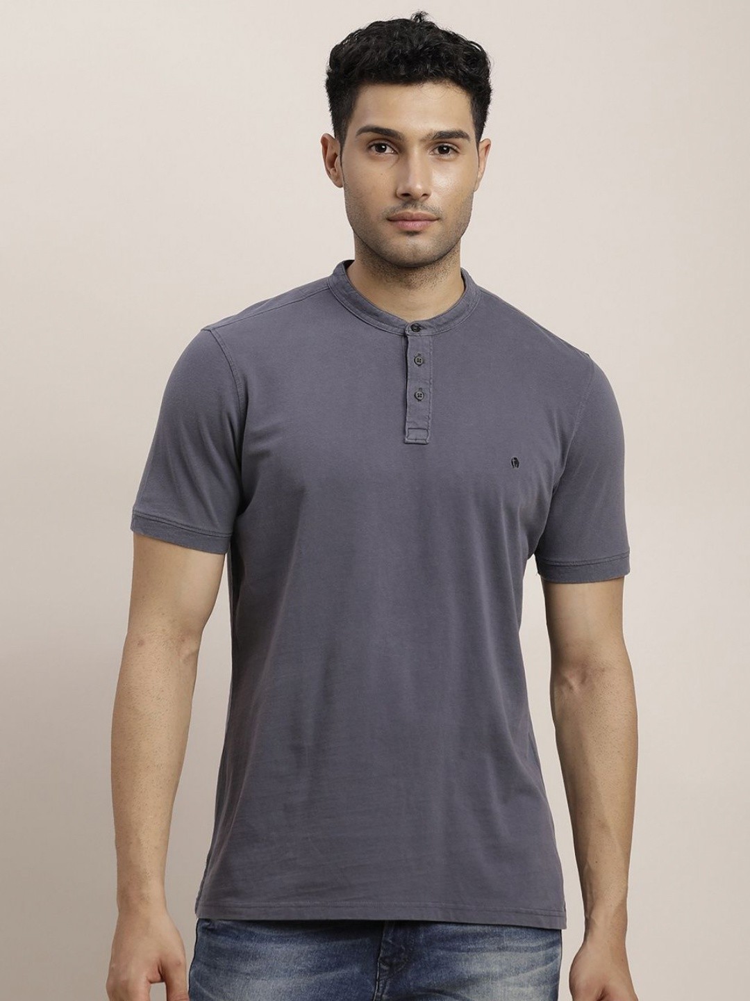 

Turtle Men Solid Henley Neck Cotton Slim Fit T-shirt, Grey