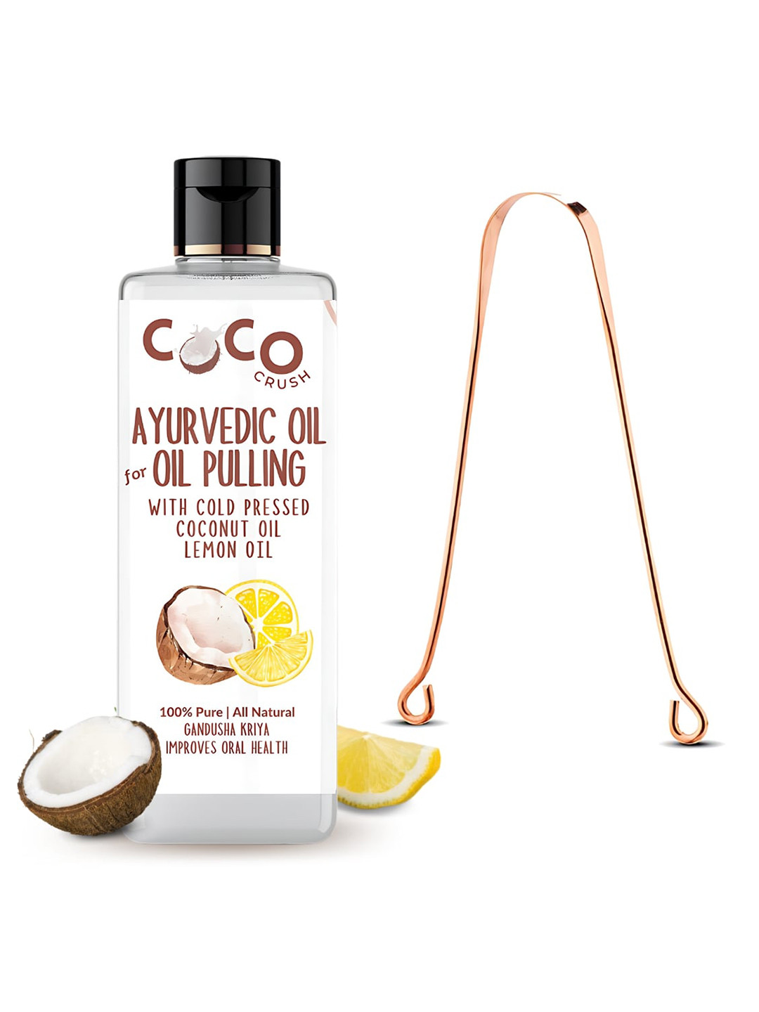 

Coco Crush Cold Pressed Coconut & Lemon Oil For Pulling With Copper Tongue Cleaner -200ml, Transparent