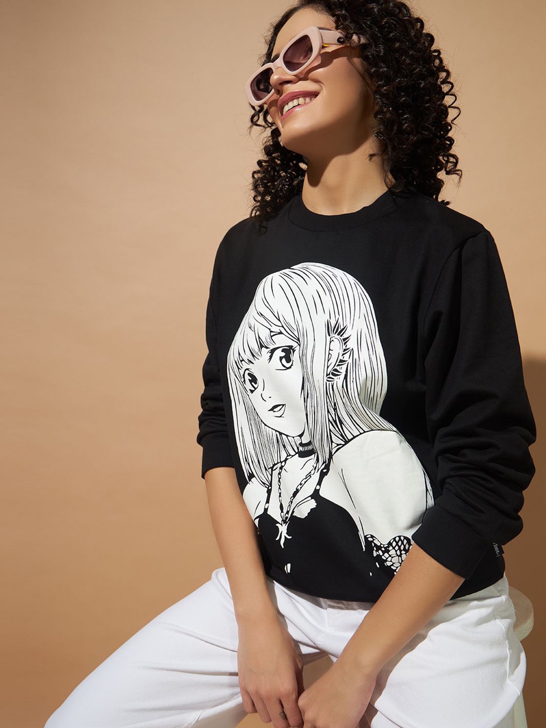 

The Dry State Women Graphic Printed Round Neck Cotton Pullover Sweatshirt, Black