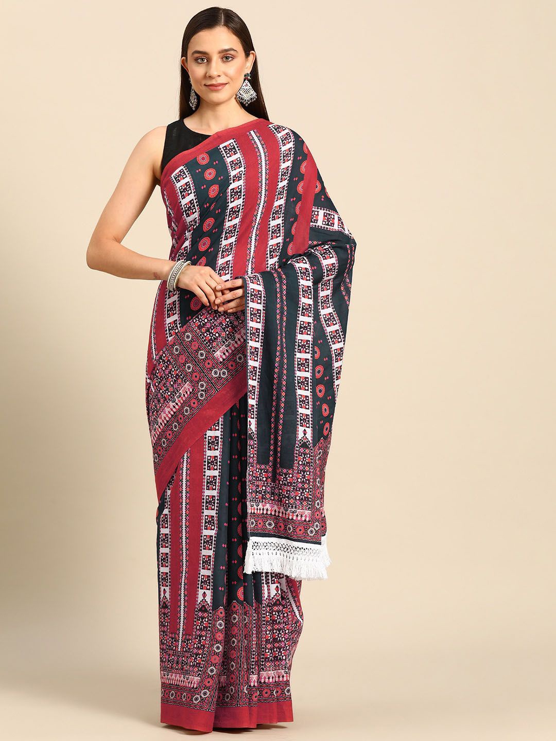 

BUTA BUTI Ethnic Motifs Printed Pure Cotton Saree, Red