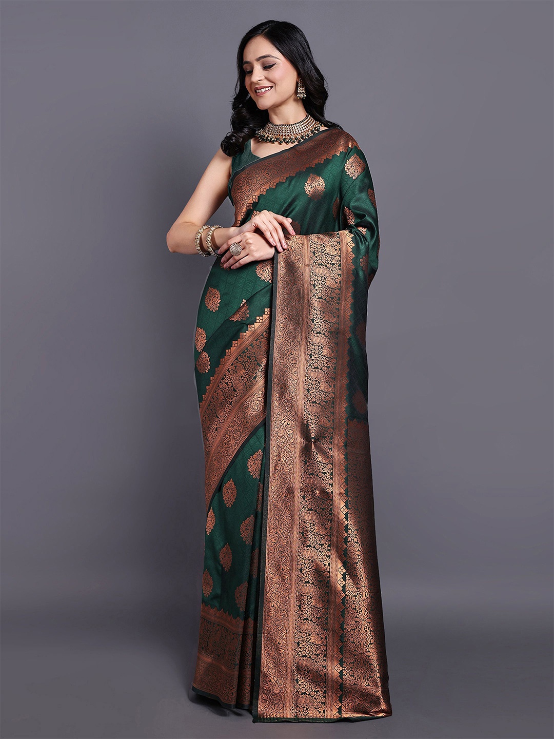 

SWAMI STUDIO Floral Zari Pure Cotton Kanjeevaram Saree, Green