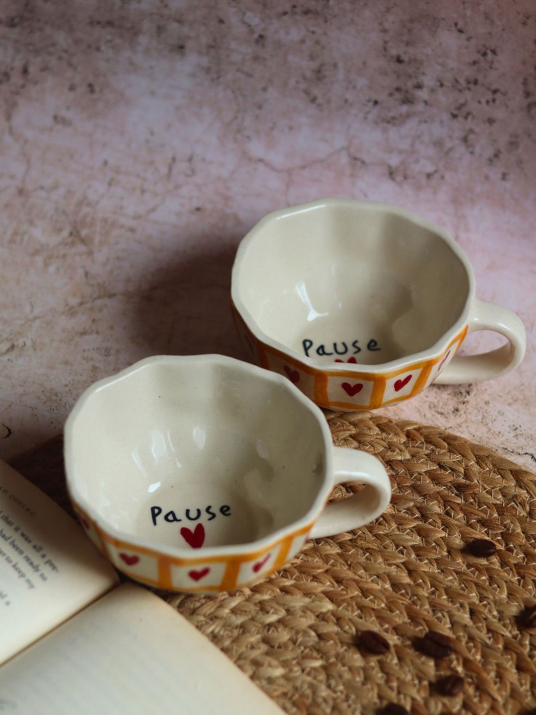 

WEAVING HOMES Yellow 2 Pieces Printed Ceramic Glossy Mugs 180 ml