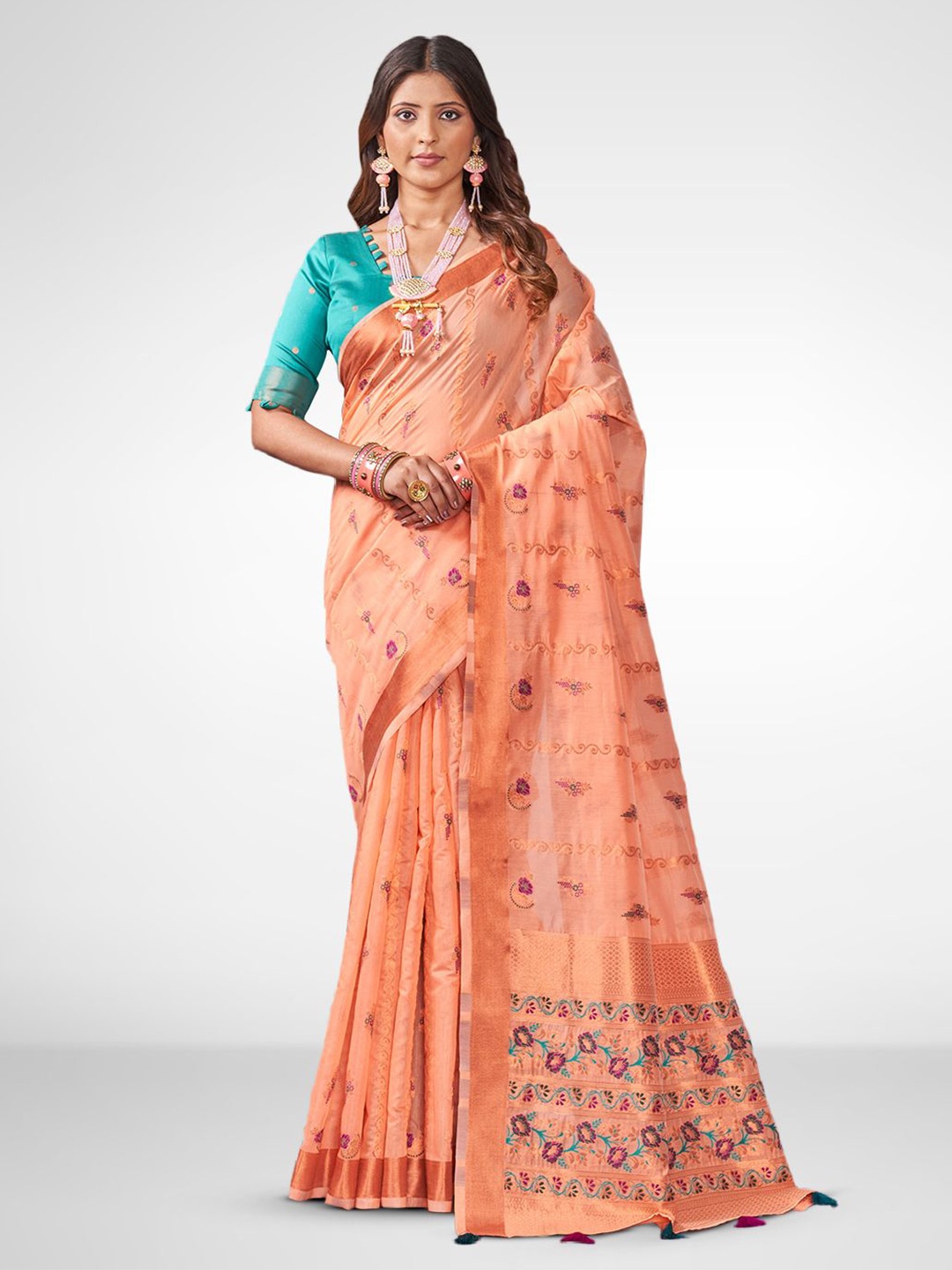 

SARHA Idhaya Woven Design Zari Pure Cotton Saree, Peach