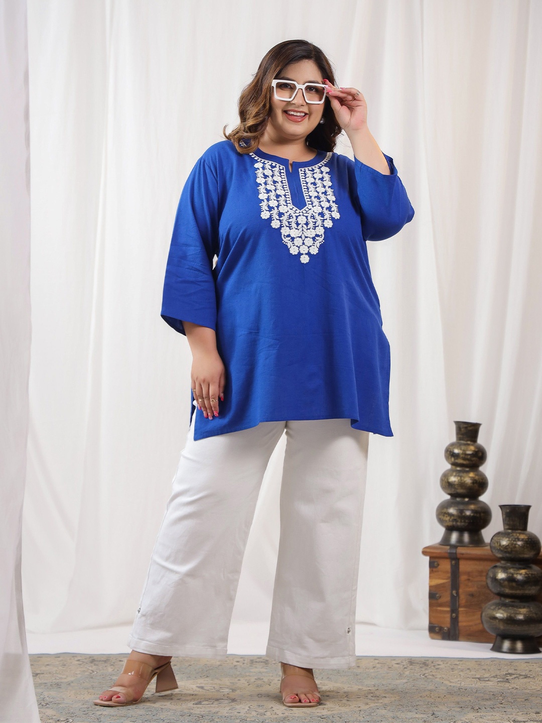 

LALI JAIPUR Embroidered Plus Size Cotton Tunic, Blue