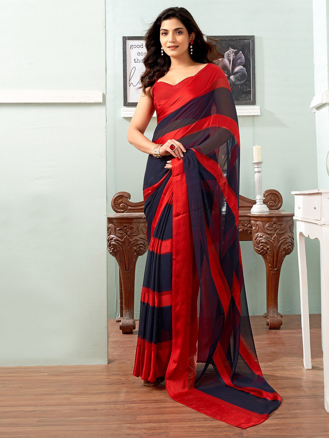 

KALINI Striped Pure Georgette Muga Saree, Red