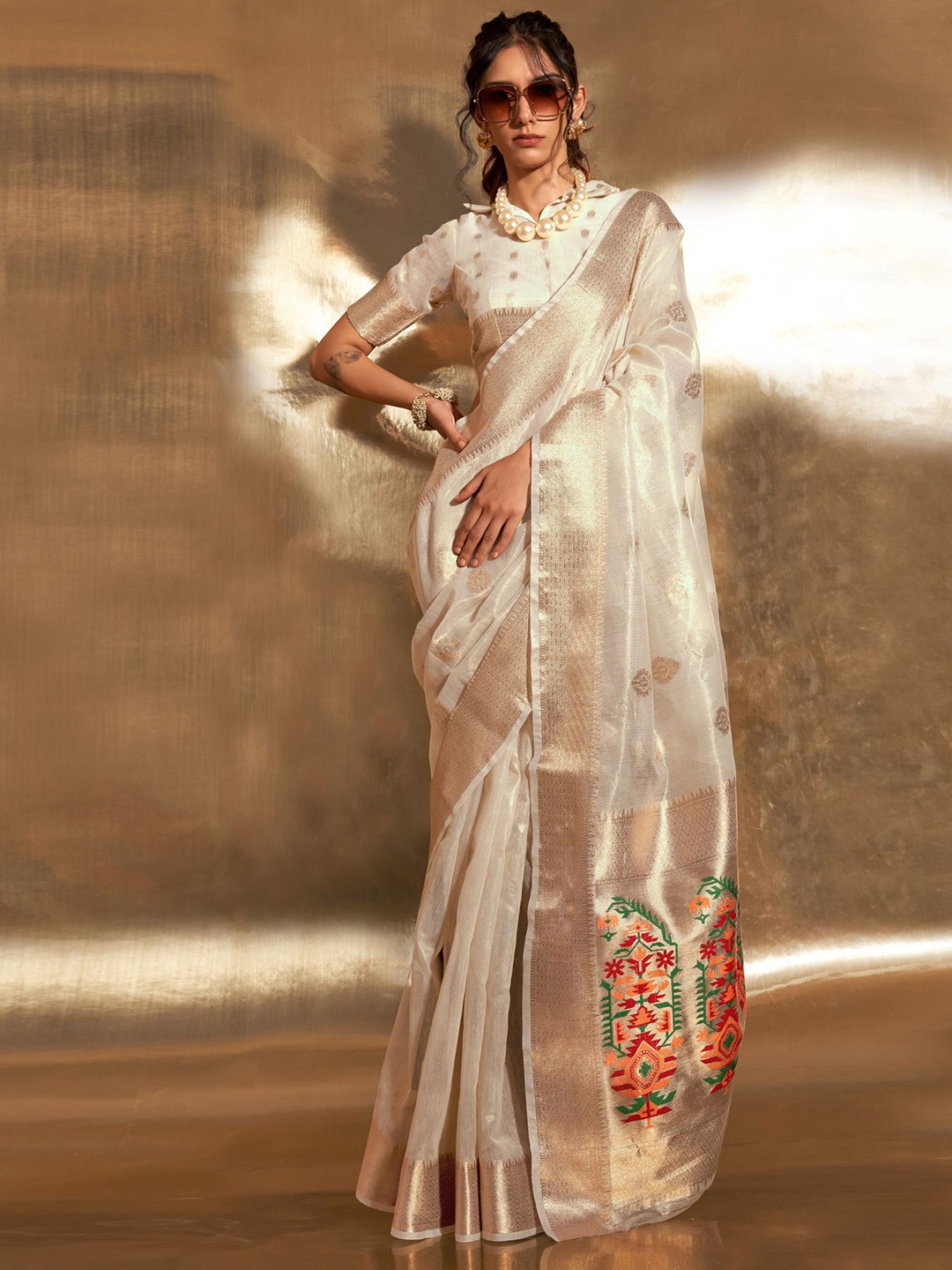 

Mitera Woven Design Zari Paithani Saree, Off white