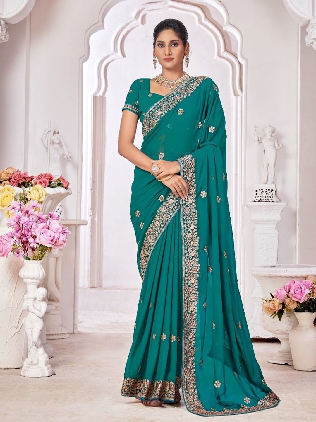 

Kalista Floral Embroidered Embellished Pure Georgette Saree, Teal