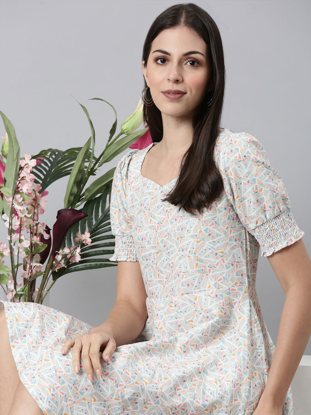 

TWIN BIRDS Women Geometric Printed Puff Sleeves A-Line Dress, Grey
