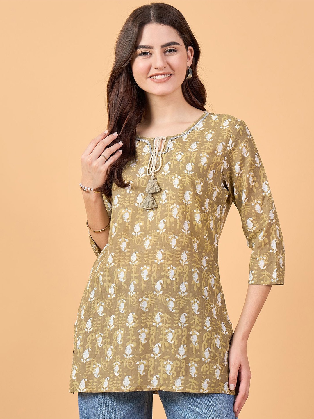 

NEESH Women Print Cotton A-Line Longline Top, Yellow