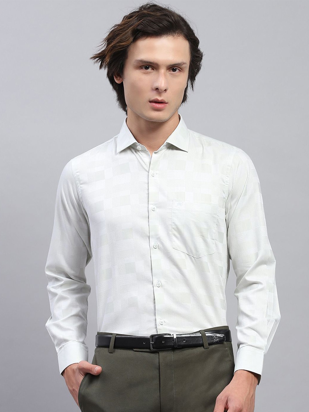 

Monte Carlo Men Spread Collar Textured Cotton Formal Shirt, White