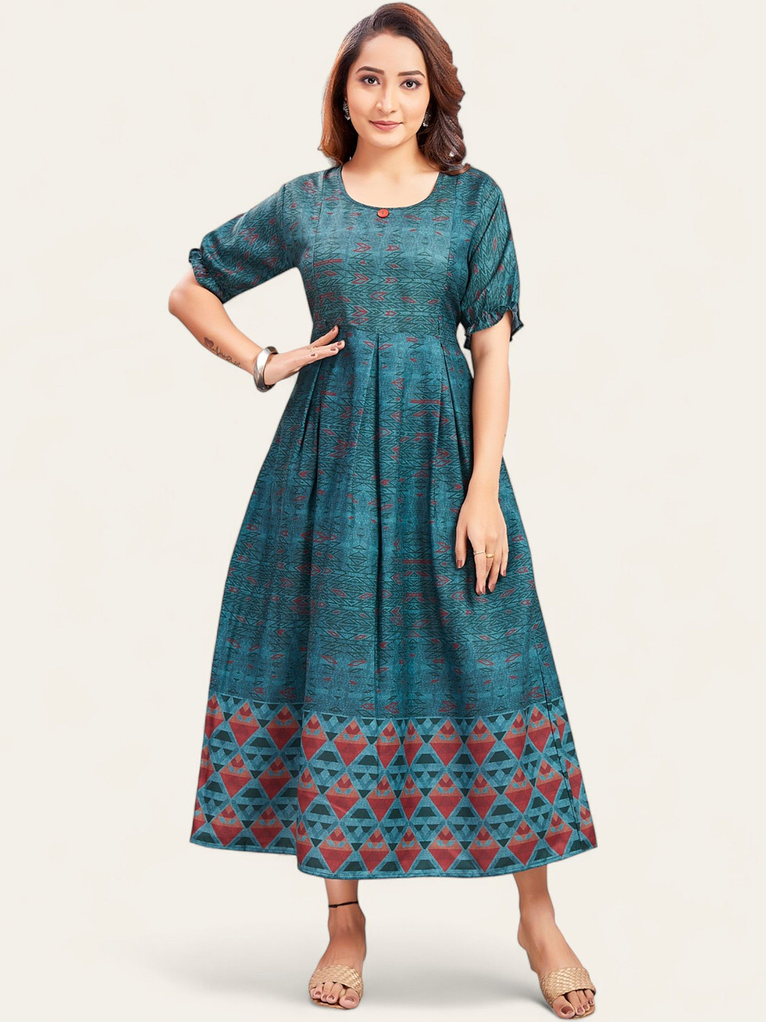 

RITIJYA Women Geometric Print Maternity Fit & Flare Dress, Green