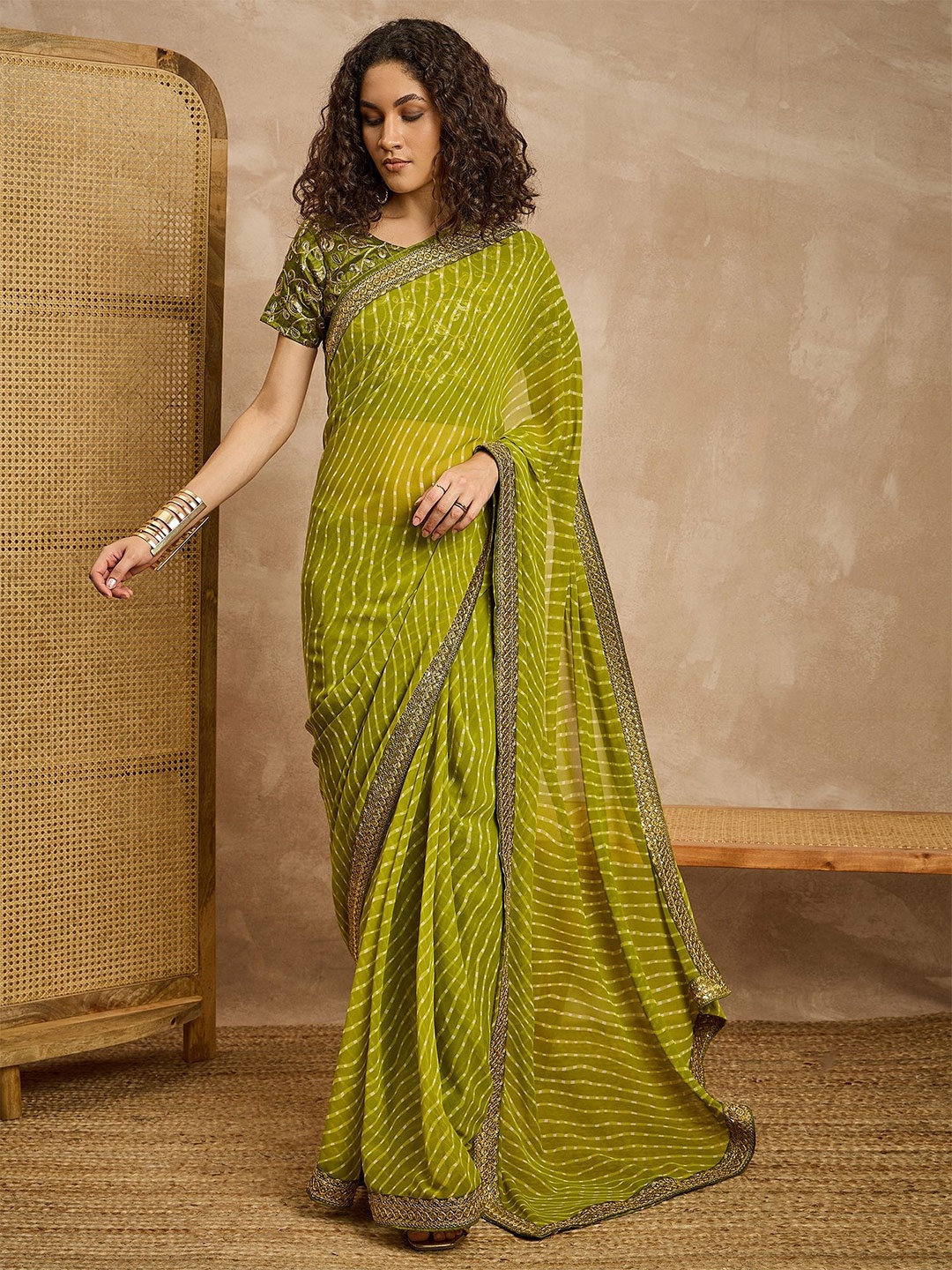 

all about you Leheriya Sequinned Pure Georgette Saree, Green