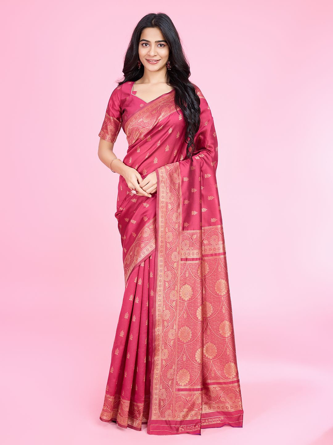 

RICH & ROMAN Woven Design Zari Pure Silk Banarasi Saree, Pink