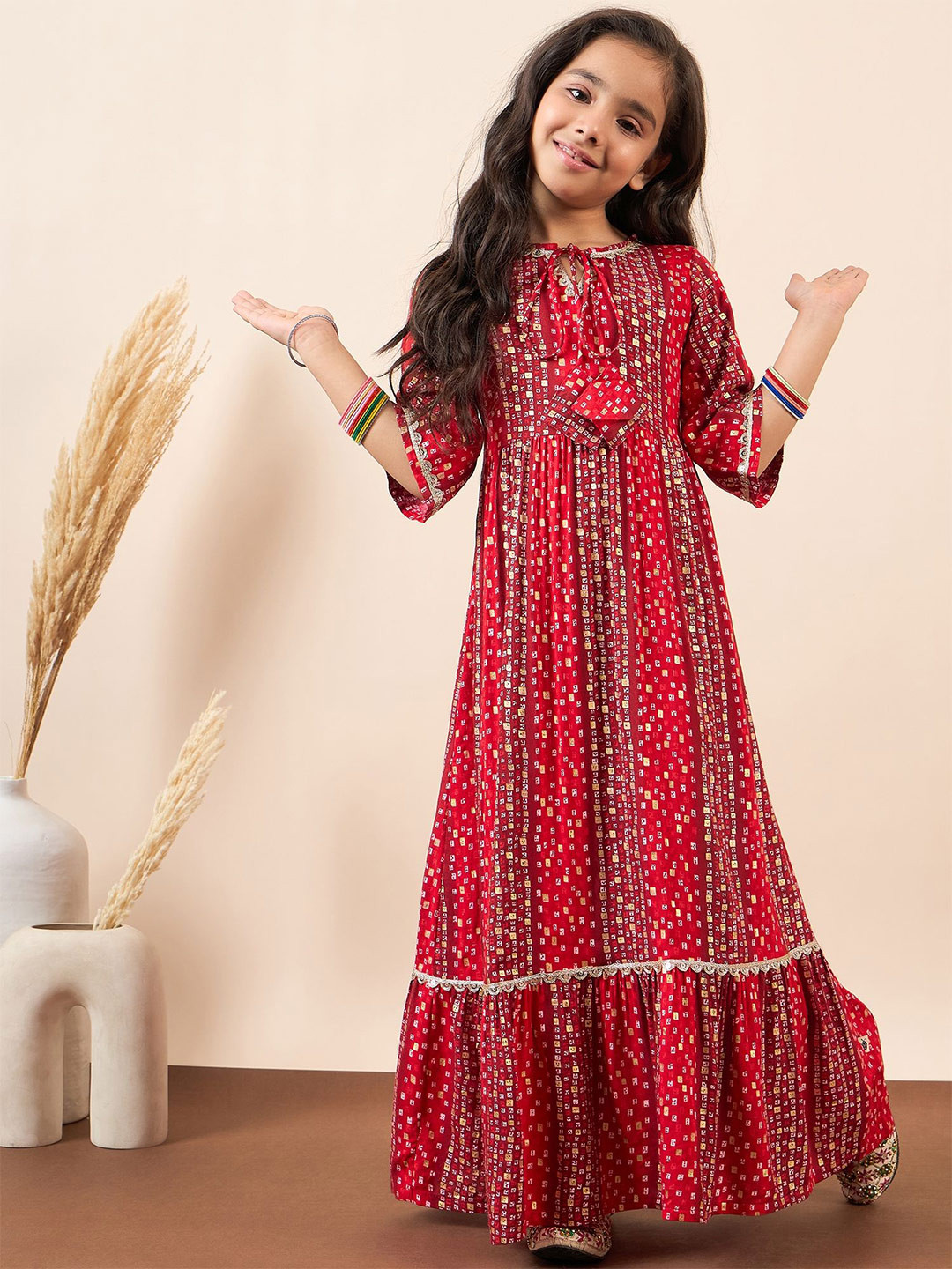 

Stylo Bug Girls Floral Print Bell Sleeve A-Line Maxi Dress, Red