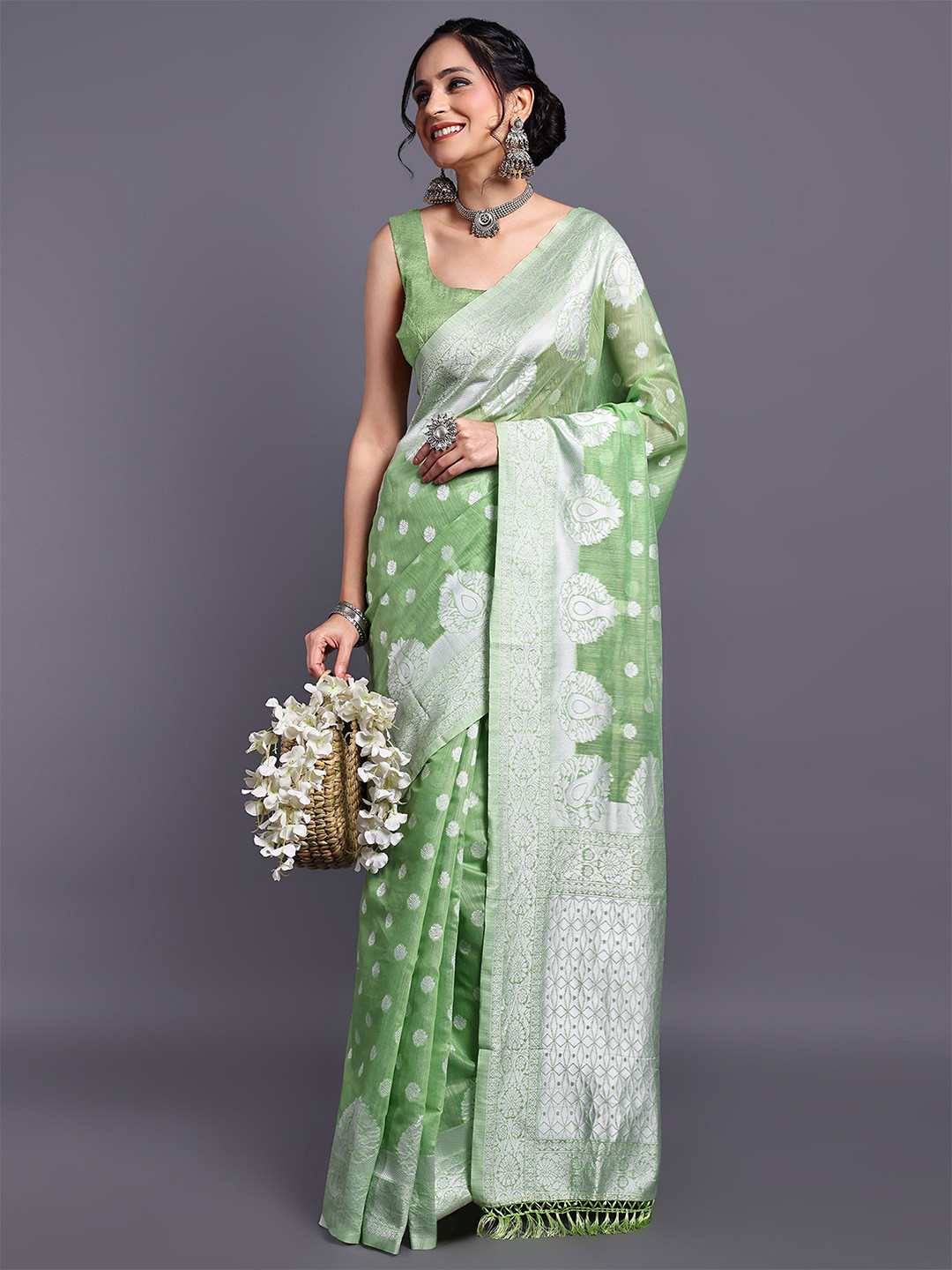 

SWAMI STUDIO Floral Woven Design Zari Pure Cotton Kanjeevaram Saree, Green