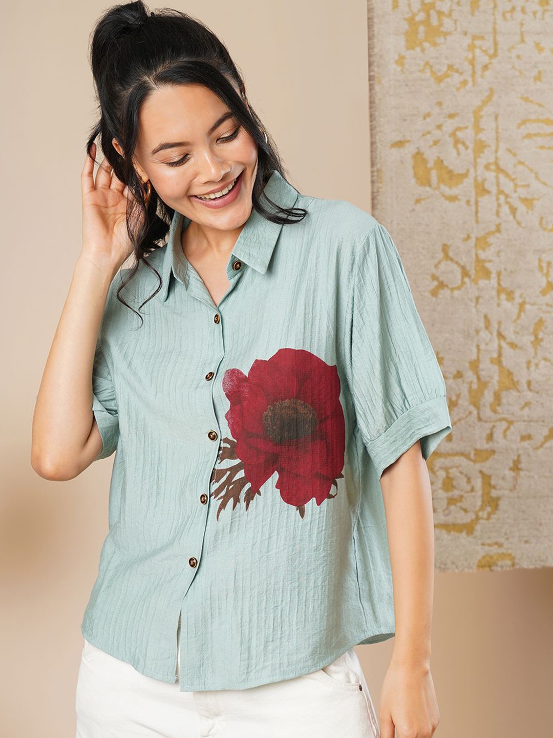 

CARTYSHOP Women Comfort Spread Collar Floral Printed Crepe Casual Shirt, Green