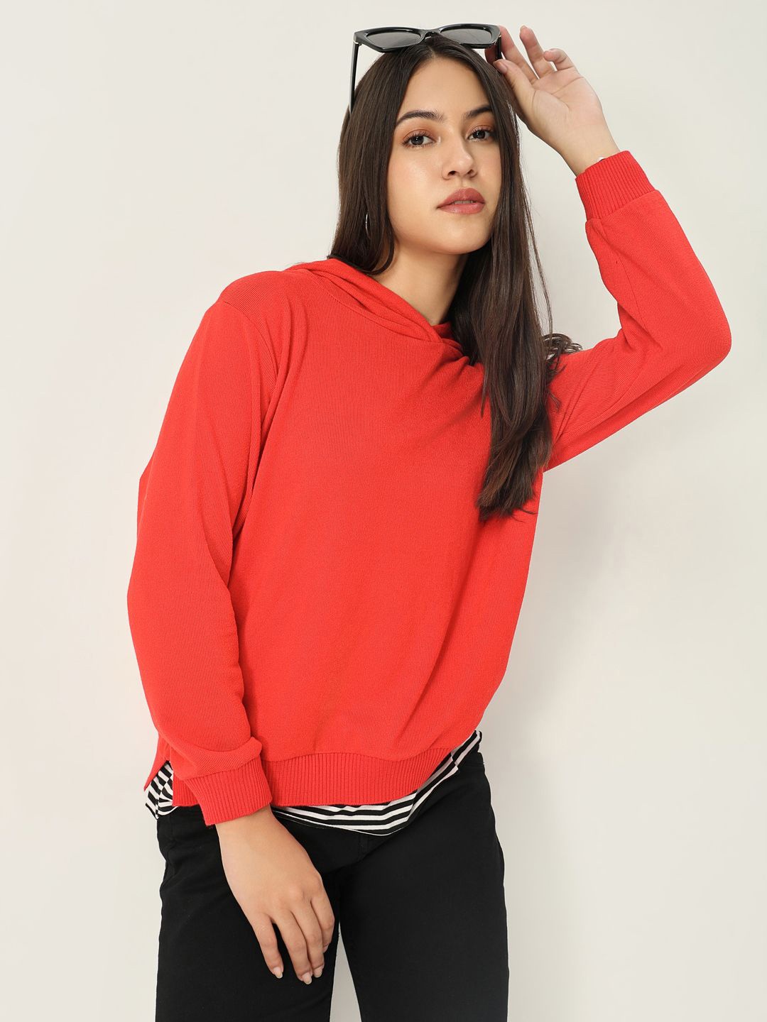 

SHOWOFF Women Striped Hood Pullover Sweatshirt, Red