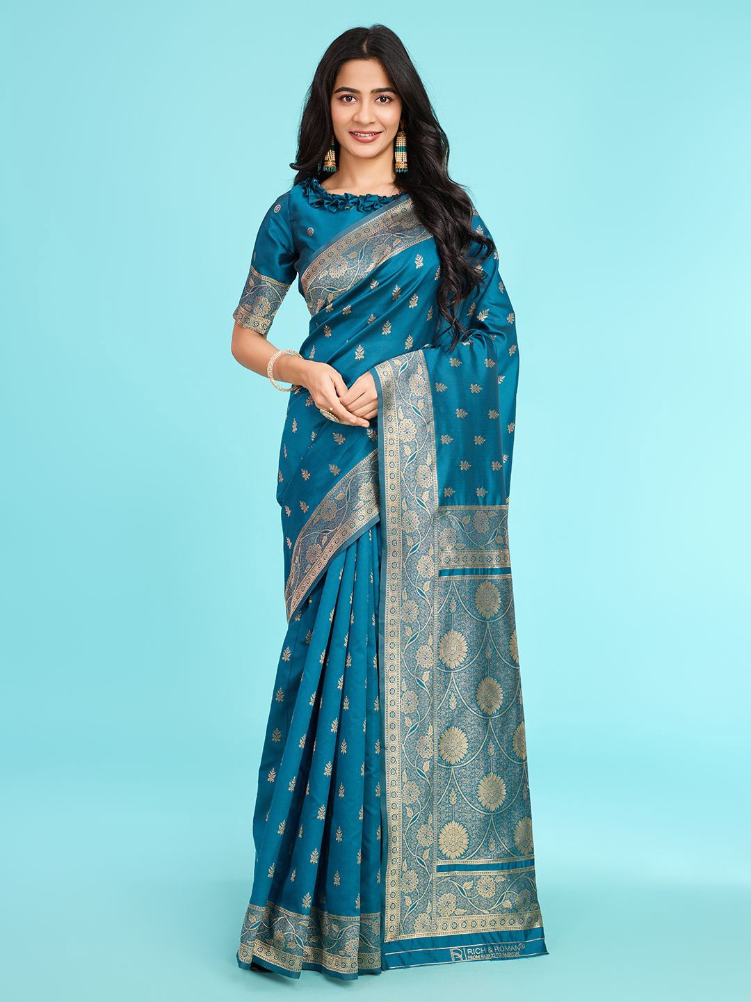 

RICH & ROMAN Woven Design Zari Pure Silk Banarasi Saree, Blue