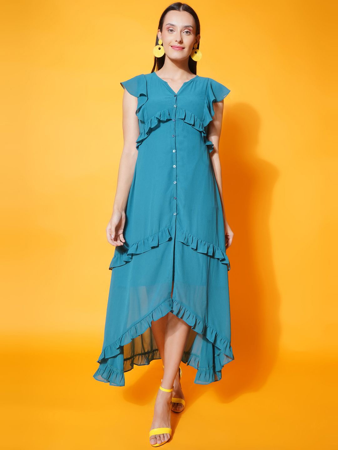 

KATLINE Women Solid Flutter Sleeves A-Line Ruffles Dress, Teal