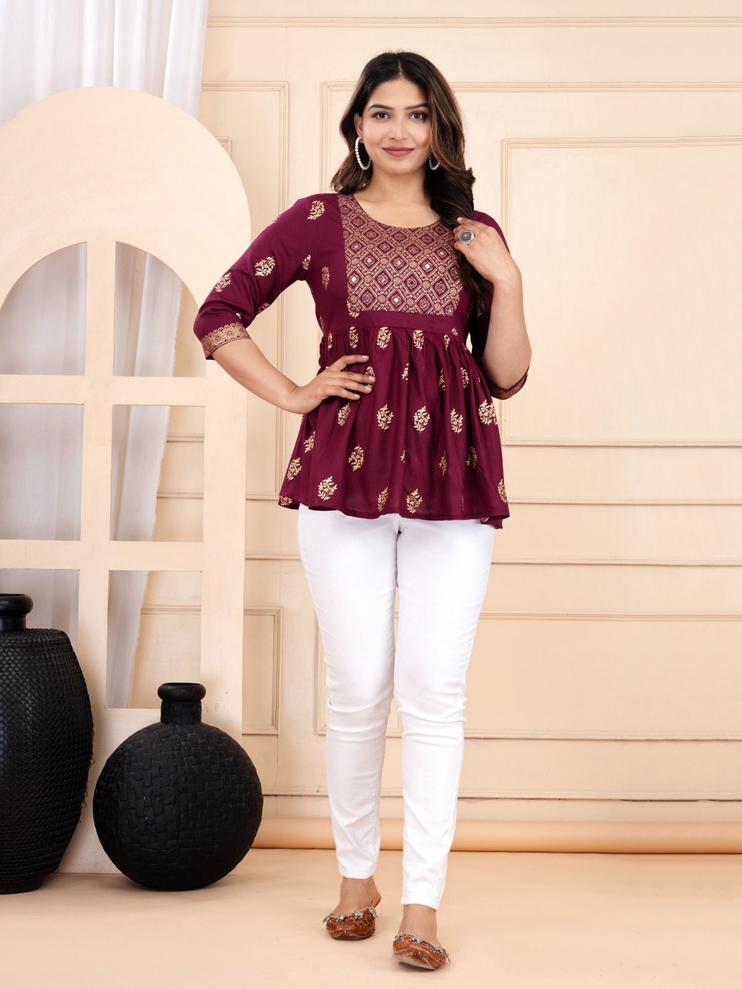 

Cloth Bites Women Ethnic Motifs Printed Empire Top, Maroon
