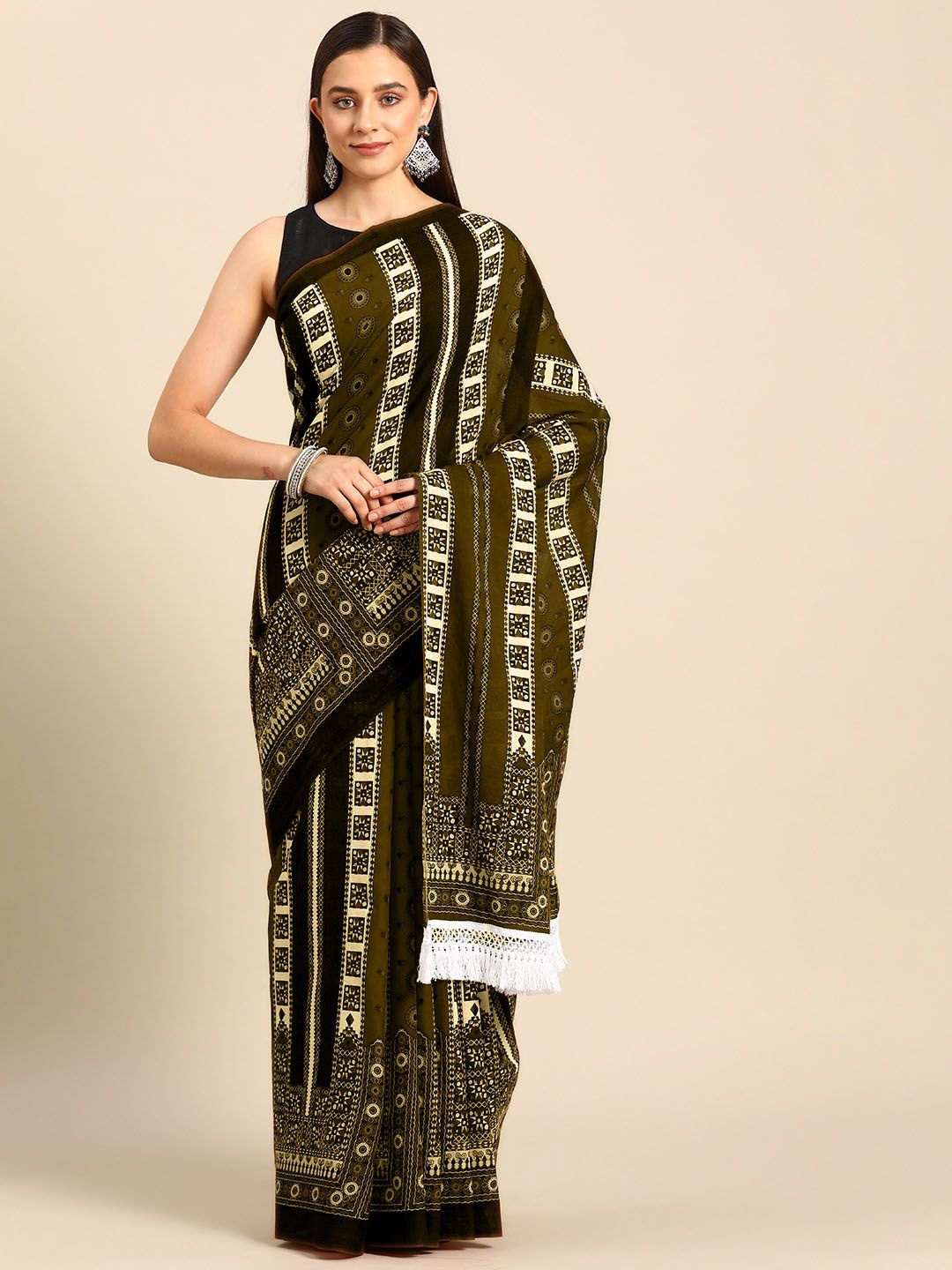 

BUTA BUTI Ethnic Motifs Printed Pure Cotton Saree, Olive