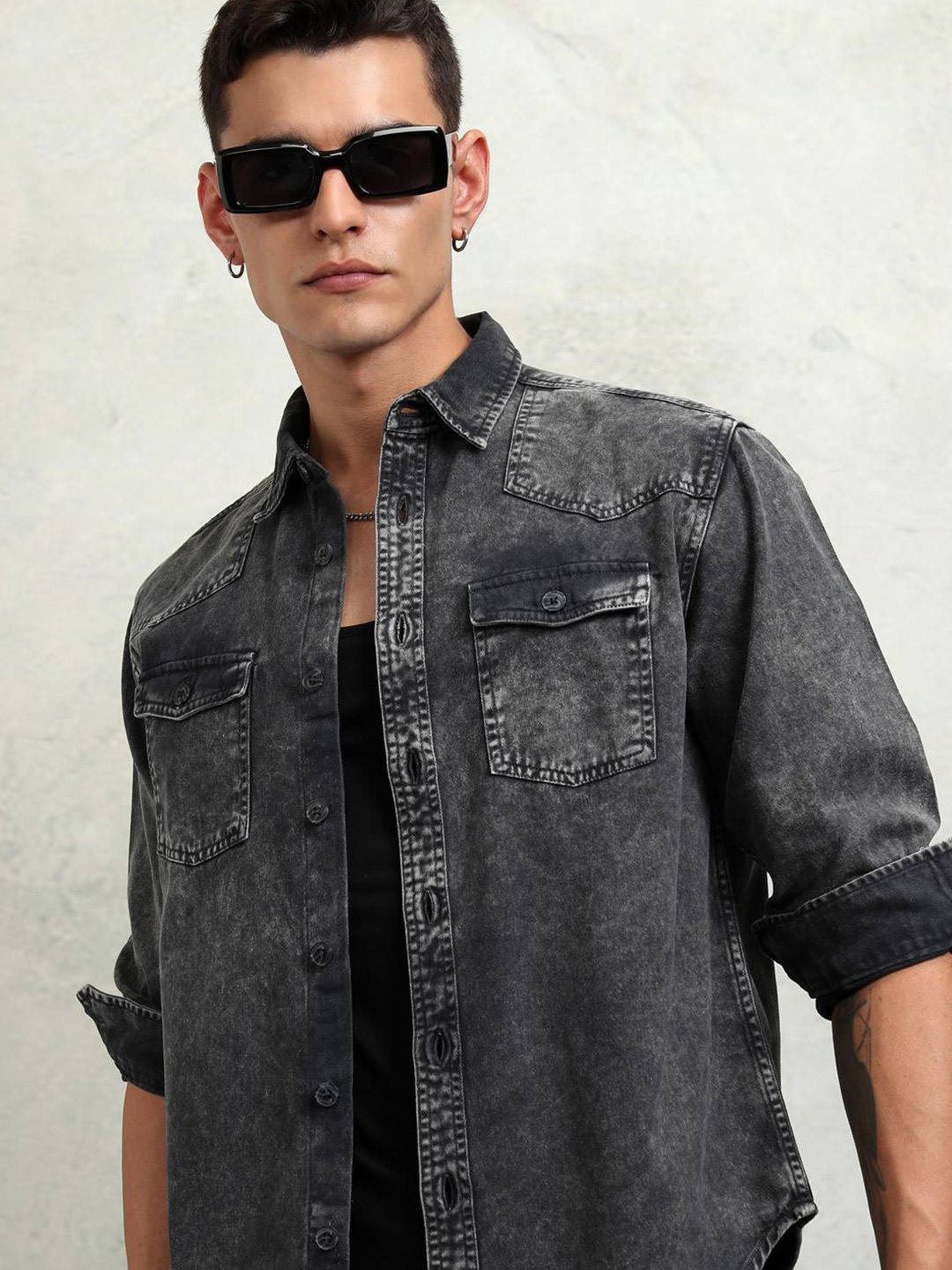 

HIGHLANDER Men Oversized Denim Shirt, Black