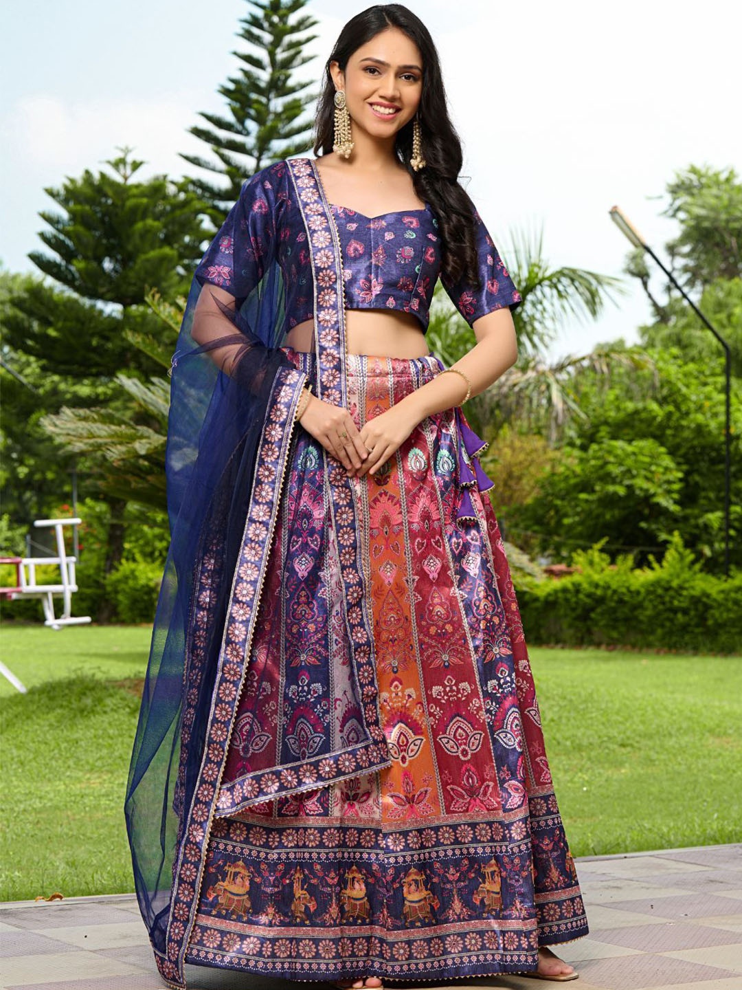 

PRETTY PALLU Etnic Motifs Printed Ready to Wear Lehenga & Blouse With Dupatta, Blue
