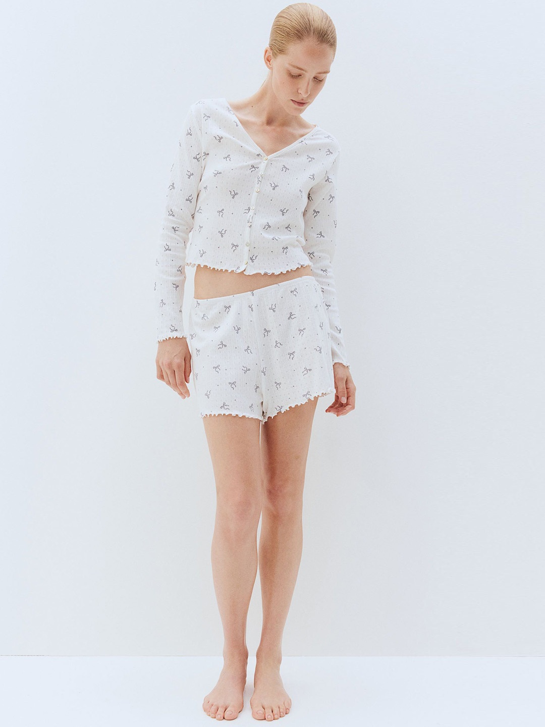 

H&M Women Printed Pure Cotton Night suit, White