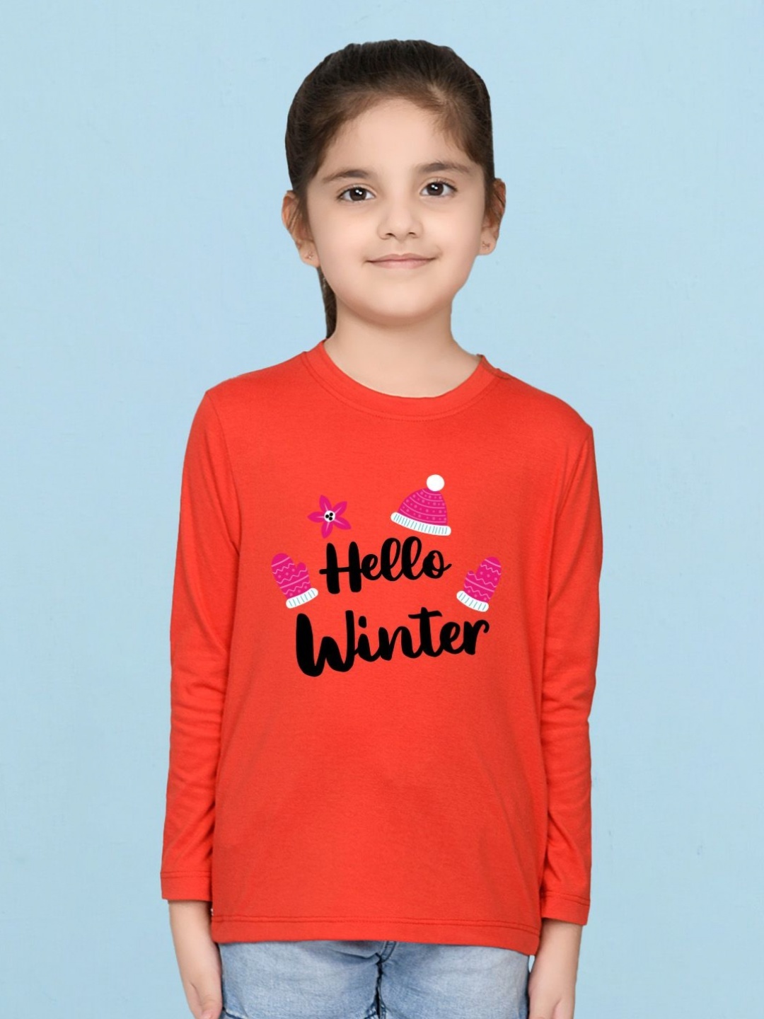 

NUSYL Girls Typography Printed Round Neck Cotton T-shirt, Red
