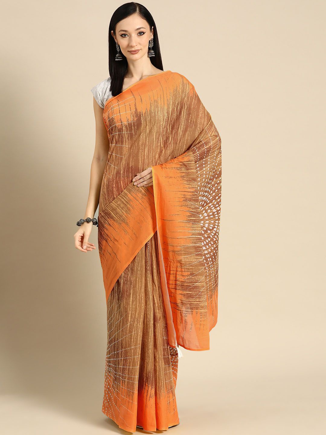 

BUTA BUTI Women Pure Cotton Printed Saree, Orange