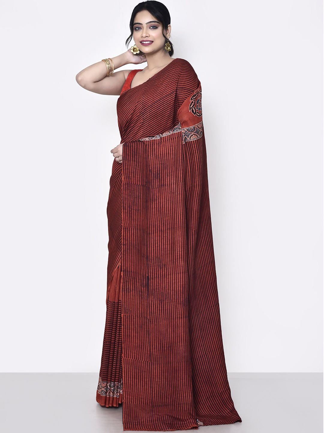 

SPRISH Ethnic Motifs Pure Silk Tussar Saree, Brown