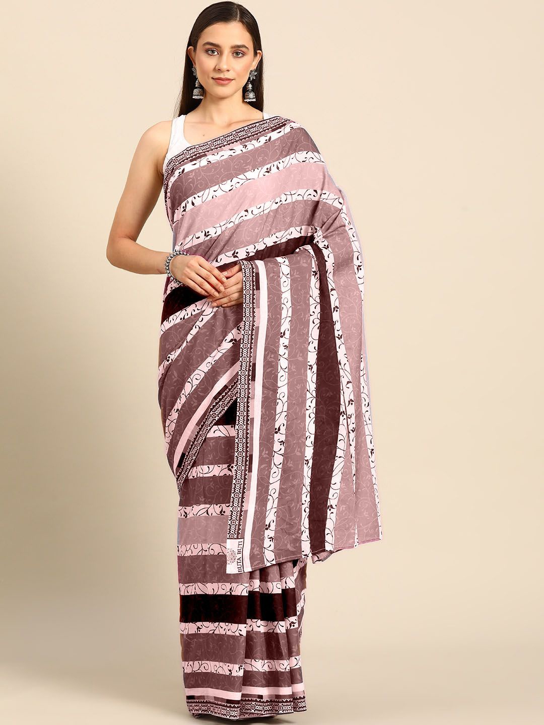 

BUTA BUTI Striped Printed Pure Cotton Saree, Pink