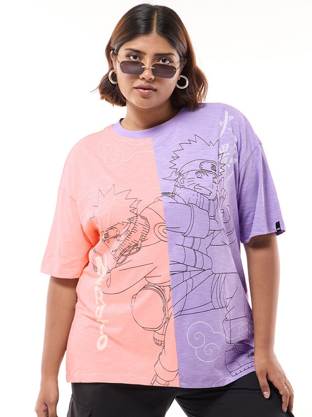 

Bewakoof Air 1.0 Women Orange & Purle Naruto Graphic Printed Oversized Plus Size T-shirt